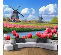 CDXNORA Papier Peint Panoramique en Soie Paysage Naturel 400×280cm - Moulin À Vent Du Champ De Tulipes Revêtement Mural pour Chambre Salon & Bureau - Design Unique Moderne Décoration Murale - Bleu