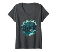 Ce Barb : Surfer Girl Ocean Wave Retro T-Shirt avec Col en V, Femme, Chiné Foncé, S