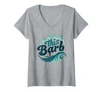 Ce Barb : Surfer Girl Ocean Wave Retro T-Shirt avec Col en V, Femme, Gris Chiné, M