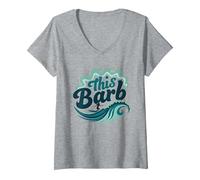 Ce Barb : Surfer Girl Ocean Wave Retro T-Shirt avec Col en V, Femme, Gris Chiné, S