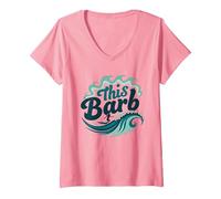 Ce Barb : Surfer Girl Ocean Wave Retro T-Shirt avec Col en V, Femme, Rose, XL