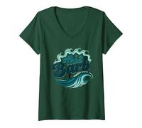 Ce Barb : Surfer Girl Ocean Wave Retro T-Shirt avec Col en V, Femme, Vert Forêt, M