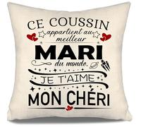 Ce Coussin Appartient au Meilleur Mari du Monde Je t'aime Mon chéri Housse de Coussin pour Mari Anniversaire Saint-Valentin Cadeau de Noël Meilleur Cadeau pour Mari(Mari-a)