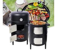 Ce fumoir vertical 3 en 1 à charbon de bois présente une conception verticale sans fumée et une forme ronde et compacte, ce qui le rend idéal pour les jardins et le camping.(B)