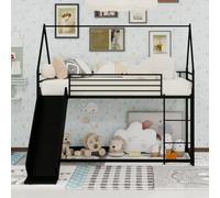 Ce lit superposé mesure 90 × 190 cm. Le cadre de lit en forme de maison est équipé d'un escalier et d'un toboggan, matelas à lattes non inclus, facile à monter.
