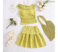 Ce nouvel ensemble femme/jeune fille en 2 pièces présente un pull sans manches bleu en tricot jacquard stretch, à col rond, dans un style mode, décontracté et confortable pour les vacances. Il est ass