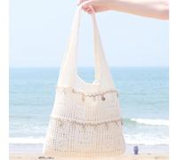 Ce sac fourre-tout de plage en crochet tressé pour dames, idéal pour les vacances d'été, présente un design ajouré. Il a une grande capacité, est pliable avec un cordon coulissant. C'est un choix idéa