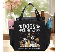 Ce sac fourre-tout mignon thème chien pour femmes présente un design à fermeture éclair avec des motifs de chiens et le texte "Les chiens me rendent heureux". Ce sac fourre-tout de haute qualité à thè