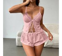 Ce set rose bordé de dentelle pour dame est romantique et sexy, parfait pour les fêtes ou les combinaisons de tenues saisonnières. Il est fait d'un mélange de matériaux tricotés et de dentelle, avec u