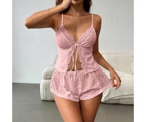 Ce set rose bordé de dentelle pour dame est romantique et sexy, parfait pour les fêtes ou les combinaisons de tenues saisonnières. Il est fait d'un mélange de matériaux tricotés et de dentelle, avec u