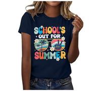 Ce sont les vacances d'été ! T-shirts pour femmes : nous avons obtenu notre diplôme ! T-shirt enseignant de l'année Dernier jour d'école T-shirt à manches courtes T-shirt en satin, Marine, XXL
