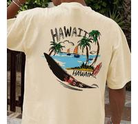 Ce t-shirt à col rond imprimé décontracté à manches courtes convient aux garçons et aux jeunes étudiants pour l'été - avec un motif coloré de voilier, de palmier et de plage, apportant joie et bonheur