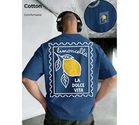 Ce t-shirt bleu denim à manches courtes et col rond imprimé citron est idéal pour l'été. Confectionné en 100 % coton, il est unisexe et convient aussi bien pour une sortie décontractée que comme cadea