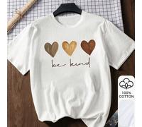 Ce t-shirt femme de style doux est fabriqué en pur coton et présente un motif de cœur tricolore et les mots "Traitez les autres avec gentillesse". Décontracté blanc d'été L,M,S,XL,XXLCartoon,NoëlCoton