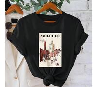 Ce t-shirt pour femme présente des illustrations de scènes de rue marocaines, apportant un fort sentiment de voyage et d'aventure L,M,S,XLgraphique,Lettres,Plantes,Carte,RétroTissu tricoté