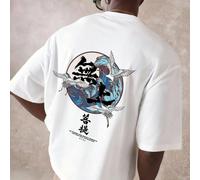 Ce t-shirt pour homme arbore un motif mêlant caractères chinois et vagues. C'est un modèle polyvalent, décontracté et ample, à manches courtes et col rond, idéal au quotidien. Parfait pour le printemp