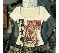 Ce Top ajusté à encolure carrée présente une impression de tigre associée à des lettres rouges "NY", le rendant parfait pour l'été, le port quotidien et les looks de style de rue. Ce Top décontracté m