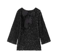 CEAeis Robe à Paillettes pour Femme, Manches Longues, Ruban, soirée, Club, Festival, Mini-Robe à Paillettes avec nœud Papillon (Black,TTG)