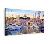 Tableau sur toile bateaux vieux port de Marseille 30x45 cm CEANOTHE Décoration Murale Art Décoratif Muraux Peinture Imprimée en HD Salon Chambre Bureau Fabriqué en France Bleu G
