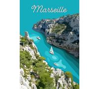 Ceanothe Tableau sur toile illustration calanque Marseille 30x45 cm Décoration Murale Art Décoratif Muraux Peinture Imprimée en HD Salon Chambre Bureau Bois de Forêt FSC Fabriqué en France