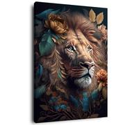 Ceanothe Tableau sur toile lion roi fleuri 45x65 cm Décoration Murale Art Décoratif Muraux Peinture Imprimée en HD Salon Chambre Bureau Bois de Forêt FSC Fabriqué en France