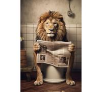 Ceanothe Tableau sur toile Lion sur les toilettes avec journal 30x45 cm Décoration Murale Art Décoratif Muraux Peinture Imprimée en HD Salon Chambre Bureau Bois de Forêt FSC Fabriqué en France