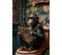 Ceanothe Tableau sur toile Singe lecteur de journal aux toilettes 45x65 cm Décoration Murale Art Décoratif Muraux Peinture Imprimée en HD Salon Chambre Bureau Bois de Forêt FSC Fabriqué en France
