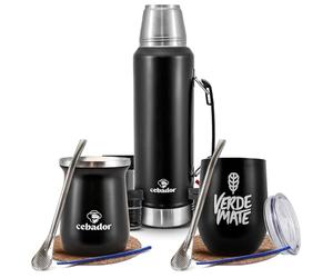 Cebador Kit Complet Yerba Mate Verde Mate - Thermos Largoinox 1,2 L + 2 Materos Thermiques + Bombilla Inox + Sous-verre en Liège + Goupillon
