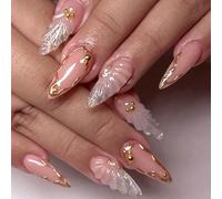 Ceboic 24 Pièces Amande Faux Ongles Moyen, Gouttelette D'eau Ongles à Coller avec Perles Doré, Rose Nude 3D Acrylique Press on Nails, Paillettes Élégant Artificiel Fake Nails pour Femmes Nail Art
