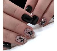 Ceboic 24 Pièces Faux Ongles à Coller Français Court Carrés Press on Nails Papillon Noir Acrylique Capsule Ongles Couverture Complète Gel Faux Ongles Autocollants pour Femme et Fille Nail Art