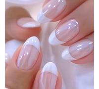 Ceboic 24 Pièces Faux Ongles Amande Moyen, Blanche Élégant French Press on Nails, 12 Tailles Ongles à Coller avec Autocollants Adhesif, Naturel Réutilisables Acrylique Capsules Ongles pour Femme