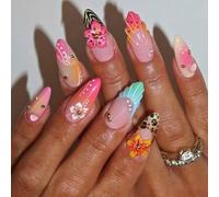 Ceboic 24 Pièces Faux Ongles Amande Moyen, Glossy Press on Nails Naturel 3D Fait Main Ongles à Coller avec Fleurs et Strass Dessin, Plage d'été Ongles à Presser pour Femmes et Filles DIY Manucure