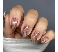 Ceboic 24 Pièces Faux Ongles Amande Moyen, Glossy Press on Nails Naturel Brun Ongles à Coller avec Dessin, Réutilisables Acrylique Ongles à Presser pour Femmes et Filles DIY Manucure Salon