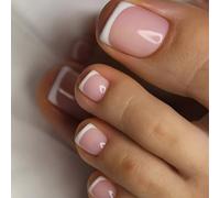 Ceboic 24 Pièces Faux Ongles D'orteil, 12 Tailles French Nude Rose Faux Ongles Pieds, Carré Court Capsule Ongle Pied Acrylique Couverture Complète Glossy Blanc Toe Nails Tips pour Femmes et Filles