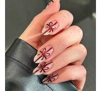 Ceboic 24 Pièces Faux Ongles Moyen Amande Francais Faux Ongles à Coller avec Mignon Nœuds Rouges Motif Nude Press on Nails Reutilisable Artificiels Ongles à Presser pour Femmes et Filles