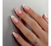 Ceboic 24 Pièces Français Blanc Faux Ongles à Presser, Courts Amande Press on Nails avec 3D Fleurs, Nude Acrylique Ongles à Coller, Réutilisables Couverture Complète Capsule Ongles pour Femmes Filles