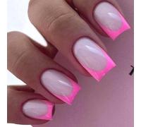 Ceboic 24 Pièces Français Faux Ongles Autocollants, Moyens Carrés Bordure Rose Press on Nails, Élégant Couverture Complète Ongles Acrylique, Réutilisables Brillants Ongles à Coller pour Femmes Filles