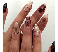 Ceboic 24 Pièces Français Faux Ongles, Moyen Amande Nude Ongles à Coller, Rouges Fleurs Naturel Press on Nails, Dorées Perles Acrylique Couverture Complète Capsules Ongles pour Femmes Filles Nail Art