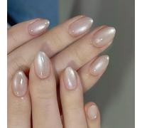 Ceboic 24 Pièces French Press on Nails, Amande Œil de Chat Nude Faux Ongles Court, Couverture Complète Artificiel Ovale Ongles à Coller, Kit de Manucure pour Femme Fille
