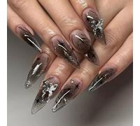 Ceboic 24 Pièces French Press on Nails, Long Amande Gothiques Faux Ongles, Acrylique Couverture Complète Ongles à Coller avec Strass Papillon Argentés, 3D Fait Main, Kit de Manucure pour Femme Fille