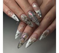 Ceboic 24 Pièces French Press on Nails, Longs Amande Gothiques Faux Ongles, Couverture Complète Acrylique Ongles à Coller avec Motif Pentagramme, 3D Fait Main, Kit de Manucure pour Femme et Fille