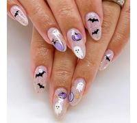 Ceboic 24 Pièces Halloween Amande Français Faux Ongles Moyen, Acrylique Press on Nails avec Motif Fantômes et Chauves-Souris, Couverture Complète Ongles à Coller pour Femmes et Filles Nail Art