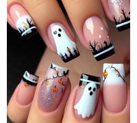 Ceboic 24 Pièces Halloween Faux Ongles Carré Moyen, Rose Nude Ongles à Coller, Naturel Glossy Press on Nails, Fantôme Citrouille-Lanterne Acrylique Faux Ongles Autocollants pour Femme
