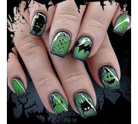 Ceboic 24 Pièces Halloween Faux Ongles Court Carré, Vert Émeraude Press on Nails Citrouille Fantôme Toile D'araignée Acrylique Ongles à Coller, Couverture Complète Ongles Artificiels pour Femme Fille