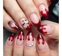 Ceboic 24 Pièces Halloween Faux Ongles, Goutte de Sang Press on Nails | Moyen Amande Nude Ongles à Coller, Chauve-Souris Toile D'araignée Crâne Acrylique Capsules Ongles pour Femmes Filles Nail Art