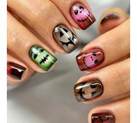 Ceboic 24 Pièces Halloween Faux Ongles, Œil de Chat Carrés Press on Nails | 12 Tailles Dopamine Visage de Fantôme Capsules Ongles, Acrylique Faux Ongles Autocollants pour Femmes Filles Nail Décoration