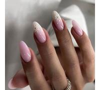 Ceboic 24 Pièces Noël Faux Ongles Amande Moyen Ongles à Coller Couleur Unie Rose Press on Nails avec Flocons de Neige Couverture Complète Ongles Acrylique French Capsule Ongles pour Femmes et Fille