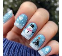 Ceboic 24 Pièces Noël Faux Ongles Carré Moyen, Bonhomme de Neige Bleu Press on Nails, Acrylique Ongles à Coller avec Sapin de Noël & Flocon de Neige, Faux Ongles Autocollants pour Femme DIY Manucure