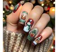 Ceboic 24 Pièces Noël Faux Ongles Carré Moyen, Cute Élan Bonhomme de Neige Press on Nails French, Sapin de Noël Cheminée Faux Ongles Autocollants, Acrylique Ongles à Coller pour Femme DIY Manucure