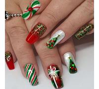 Ceboic 24 Pièces Noël Faux Ongles Cercueil Moyen, Glitter Sapin de Noël Capsules Ongles, Rayures Rouge Vert Ongles à Coller avec Autocollants Adhesif, Acrylique Ballerine Press on Nails pour Femme